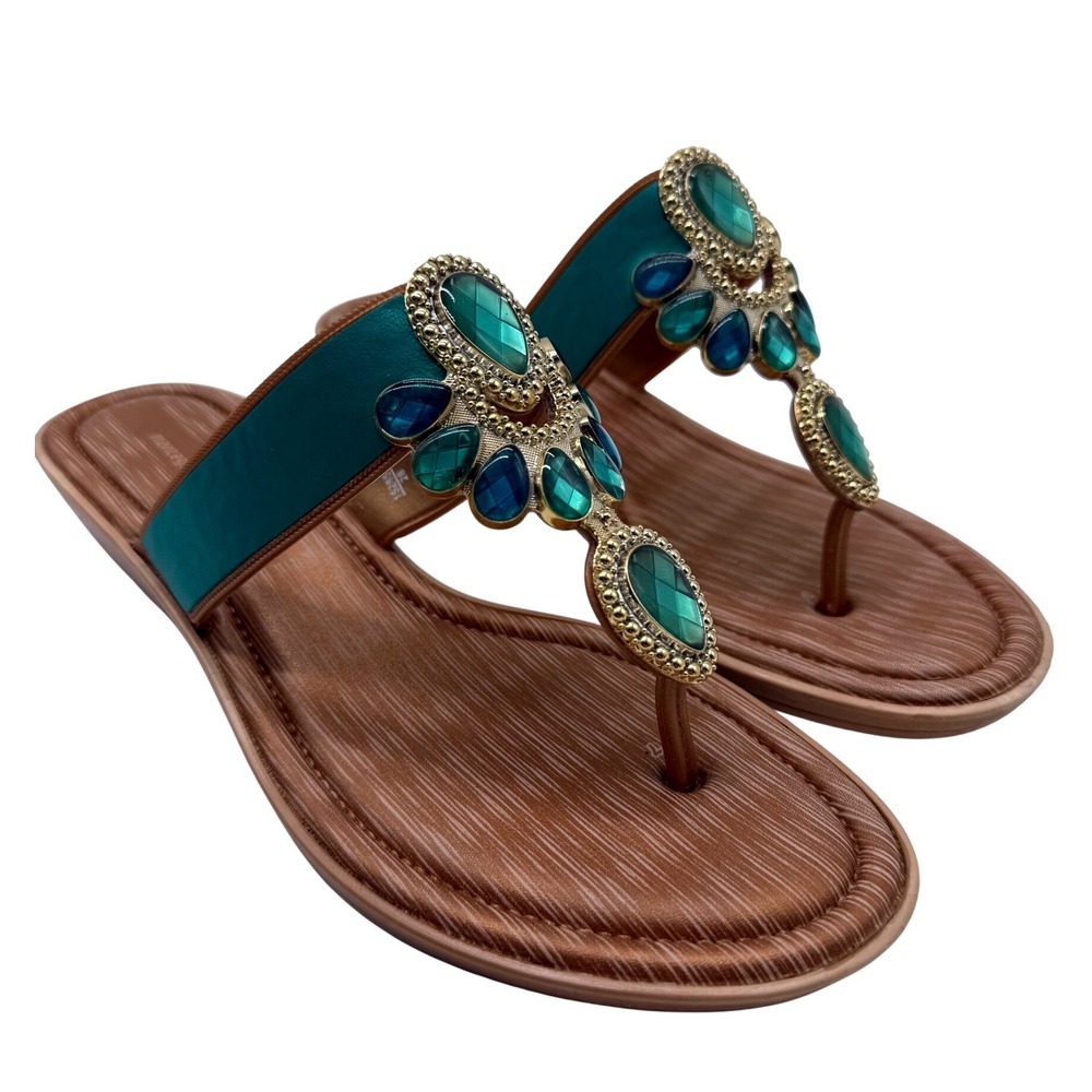 Montego Bay Club Wedge Sandals Womens 8 Teal Excellent Jeweled Boho Thong